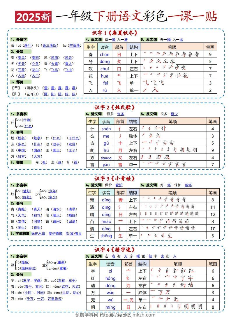 25春新一下语文彩色一课一贴高清（9页）-领航学科网