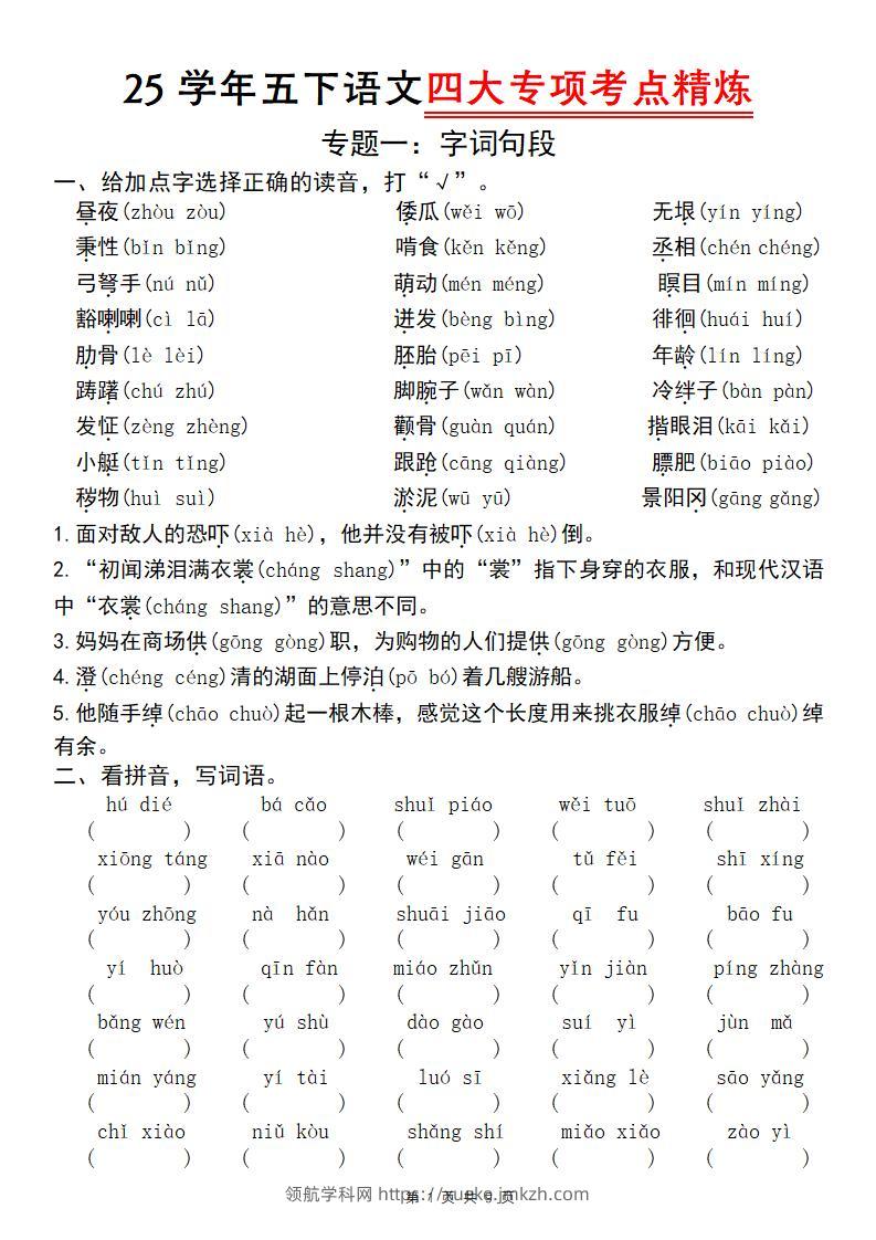 25学年五下语文四大专项考点精炼（专题一：字词句段）-领航学科网