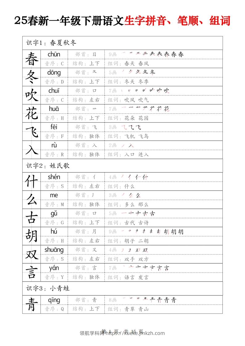25春新一下语文生字拼音、笔顺、组词（15页）-领航学科网