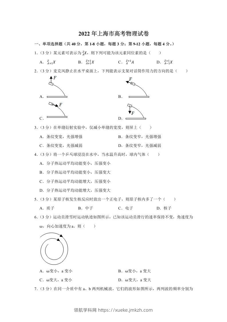 2022年高考物理试卷（上海）（空白卷）-领航学科网