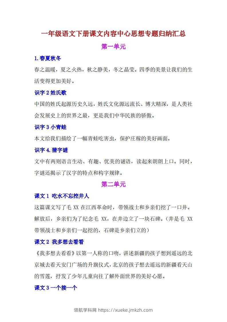一年级语文下册课文内容中心思想专题归纳汇总-领航学科网