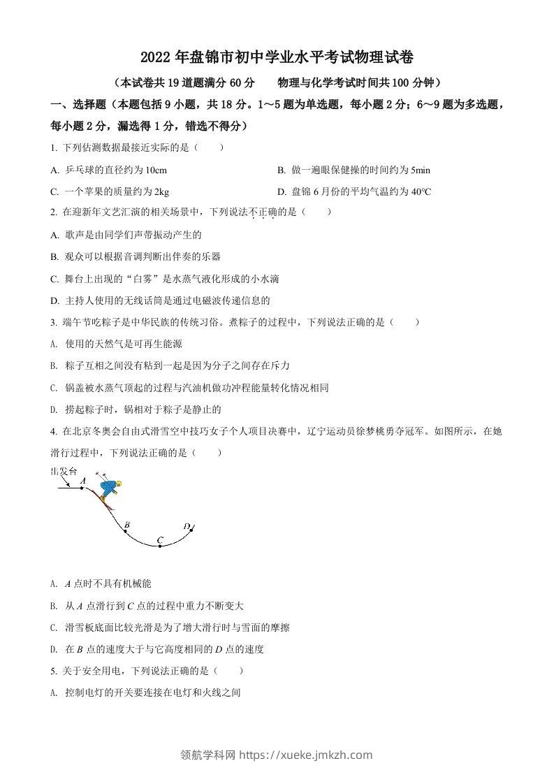 2022年辽宁省盘锦市中考物理试题（空白卷）-领航学科网