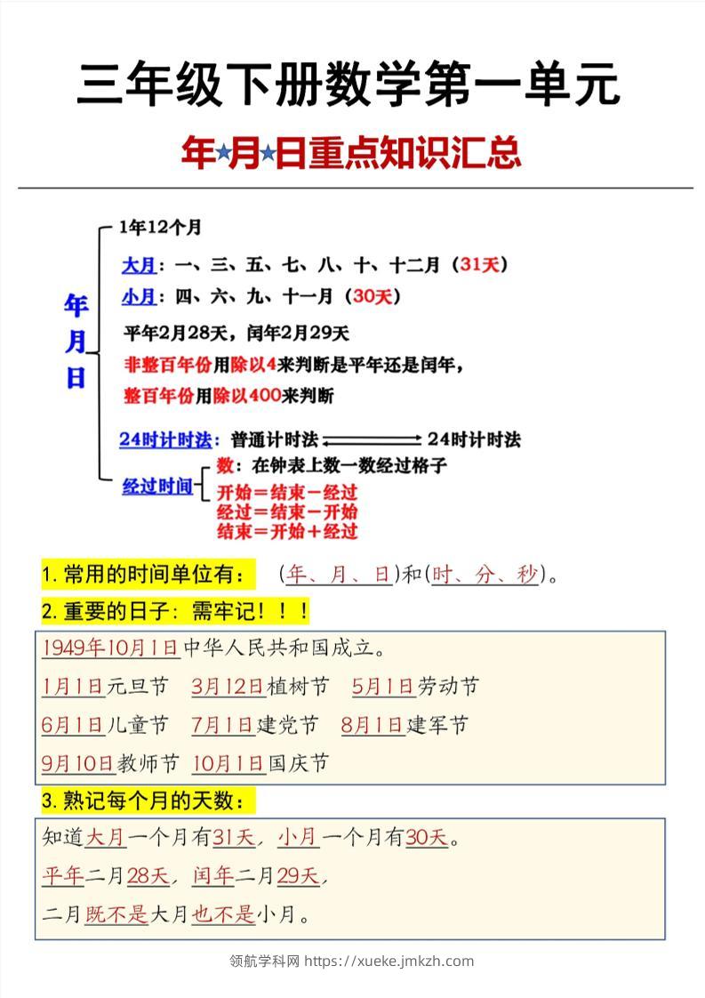 三年级下数学第6单元年月日重点知识汇总-领航学科网