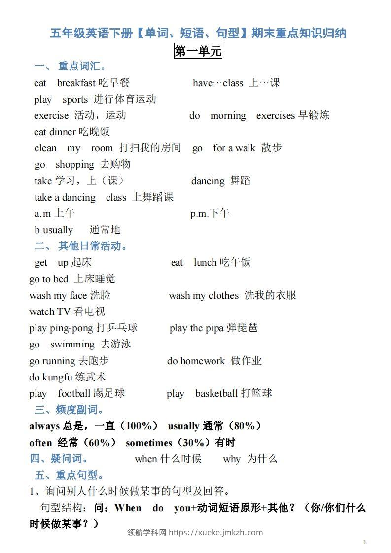 五年级英语下册素材-单词、短语、句型期末重点知识归纳（人教PEP版）-领航学科网