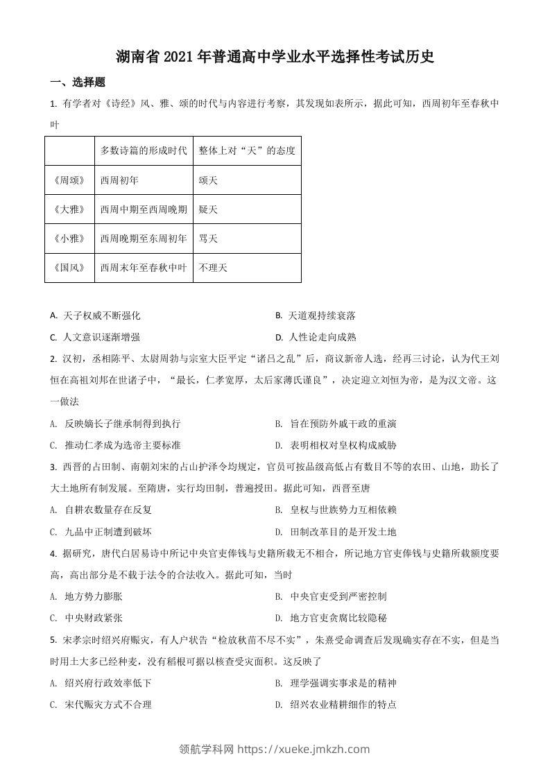 2021年高考历史试卷（湖南）（空白卷）-领航学科网