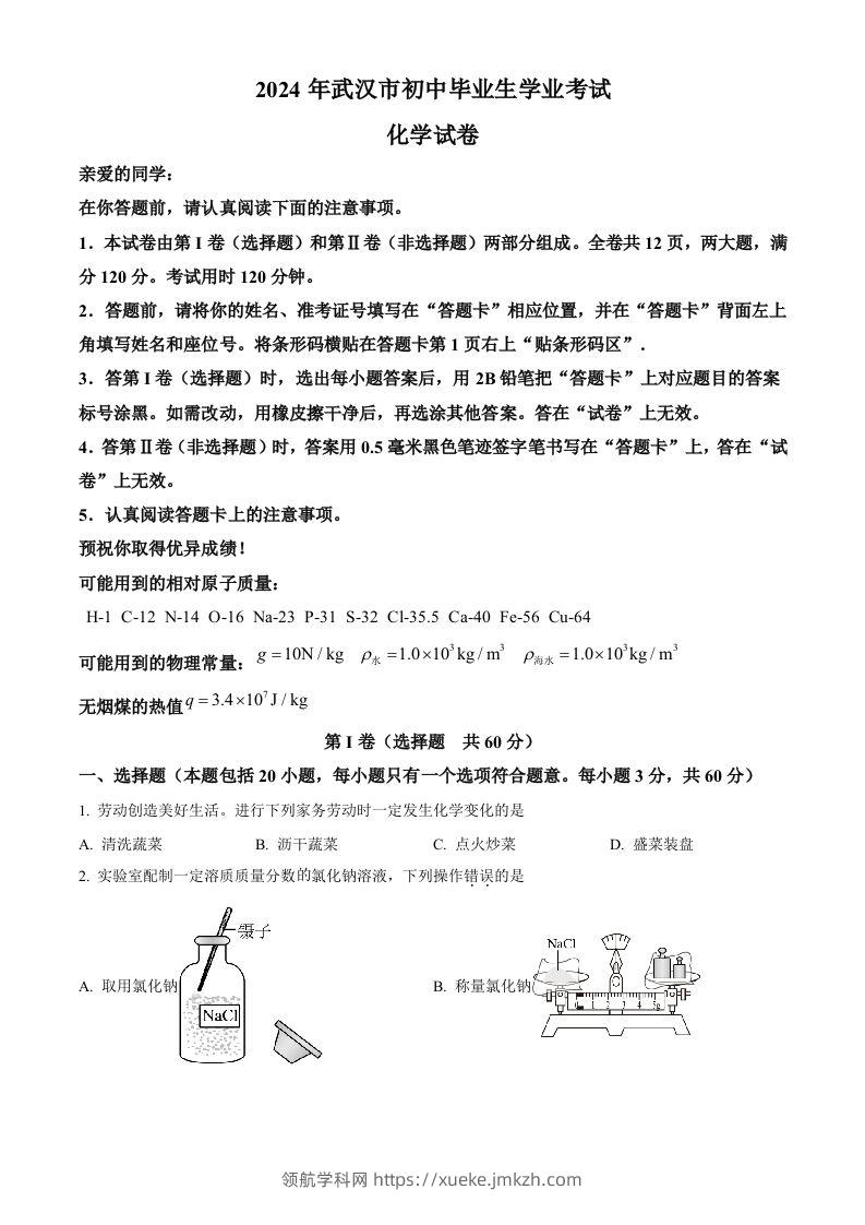 2024年湖北省武汉市中考化学真题（空白卷）-领航学科网