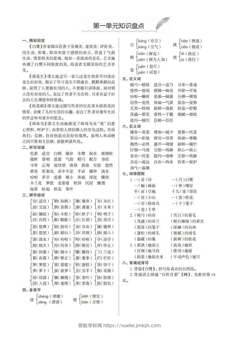五上语文1-8单元知识盘点-领航学科网