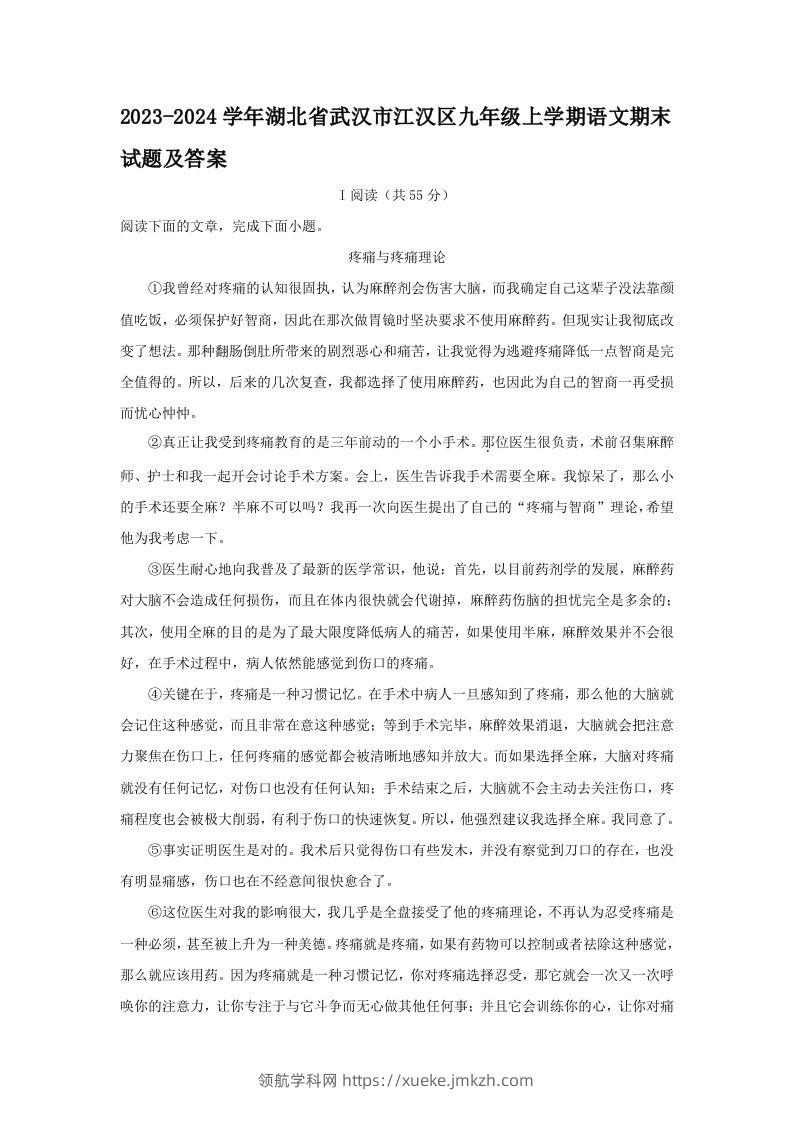2023-2024学年湖北省武汉市江汉区九年级上学期语文期末试题及答案(Word版)-领航学科网