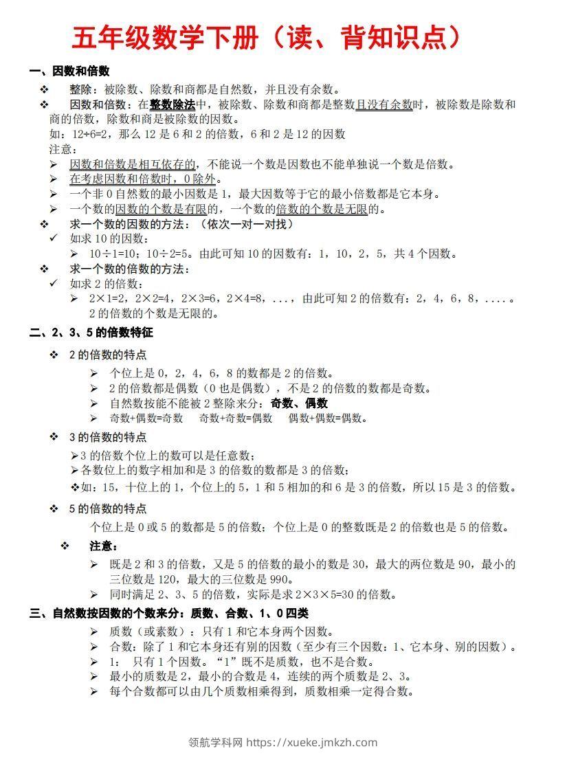 五下数学：知识点读背（通用）-领航学科网