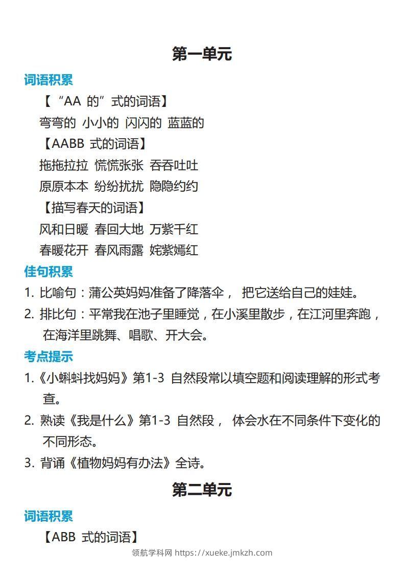 二年级语文上册词语佳句考点积累-领航学科网