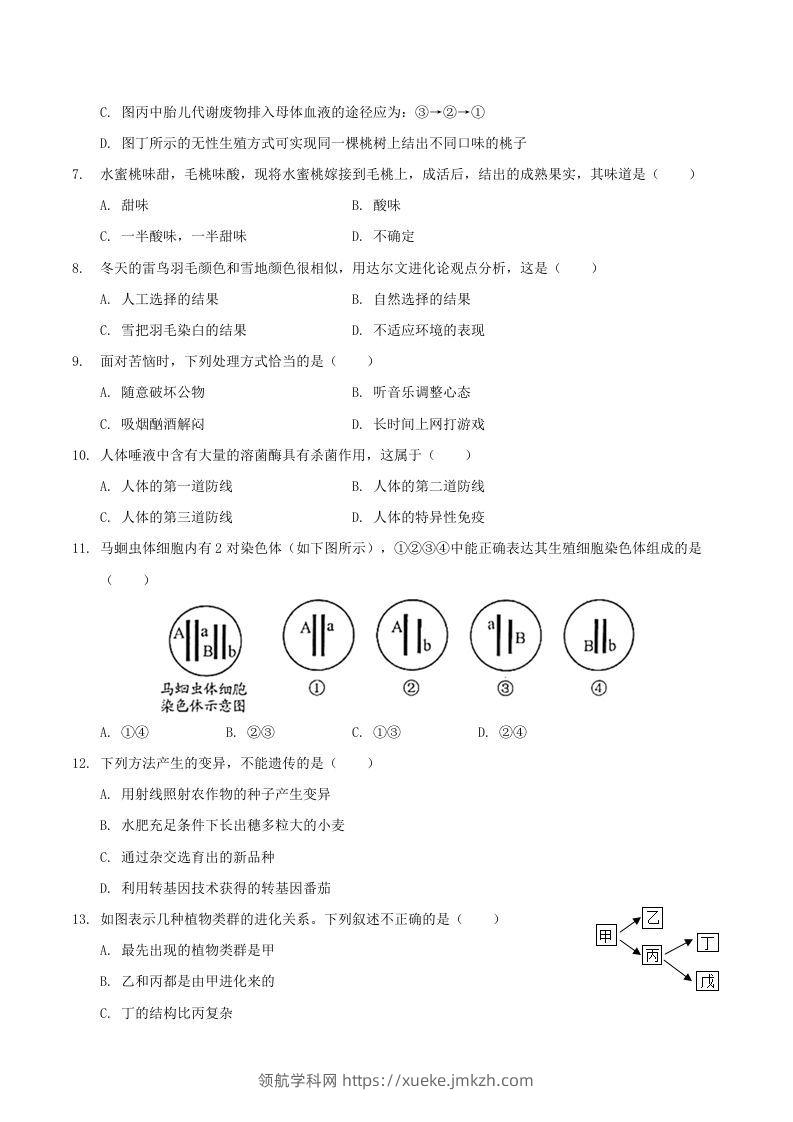 图片[2]-2020-2021学年山西省临汾市襄汾县八年级下学期期末生物试题及答案(Word版)-领航学科网