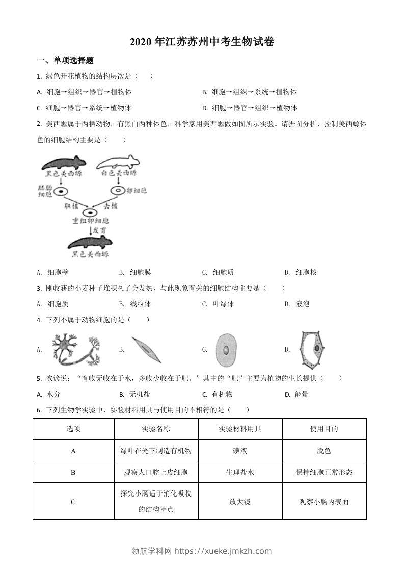 江苏省苏州市2020年学业考试生物试题（空白卷）-领航学科网