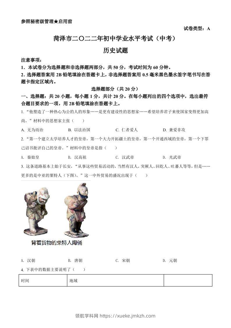 2022年山东省菏泽市中考历史真题（空白卷）-领航学科网