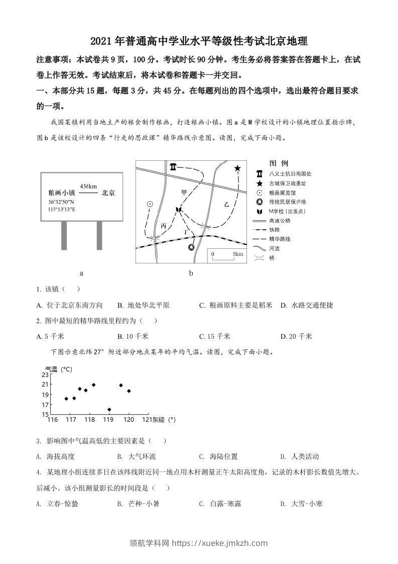 2021年高考地理试卷（北京）（空白卷）-领航学科网