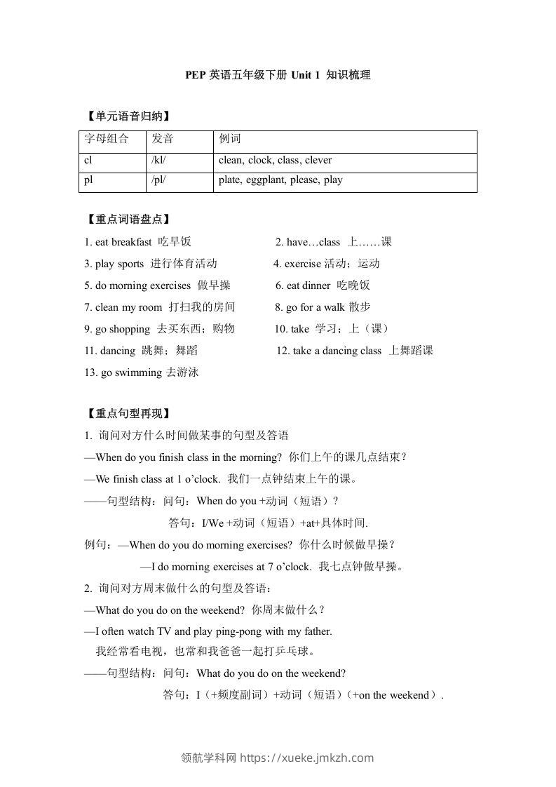 五年级英语下册单元知识梳理-Unit1Myday（人教PEP版）-领航学科网