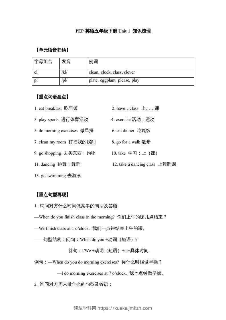 五年级英语下册【完美】单元知识梳理-Unit1Myday（人教PEP版）-领航学科网
