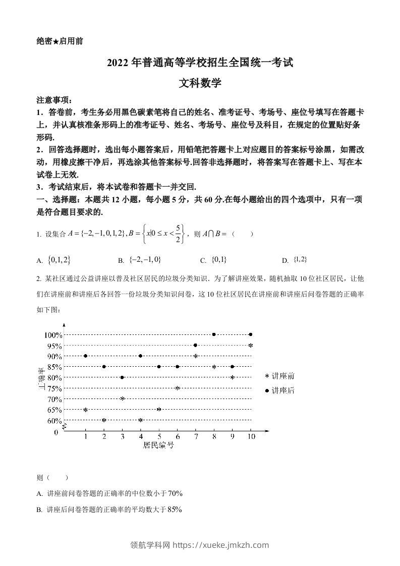 2022年高考数学试卷（文）（全国甲卷）（空白卷）-领航学科网