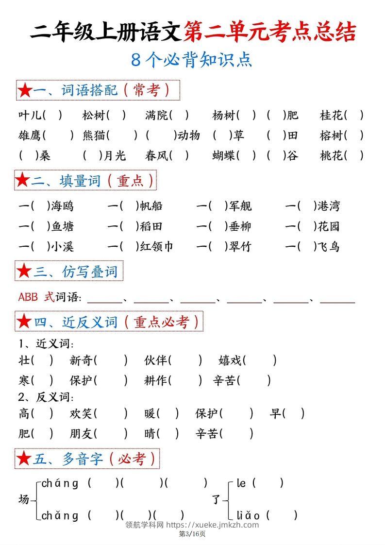 图片[3]-【空白版】二年级上册语文1-8单元考点总结-领航学科网
