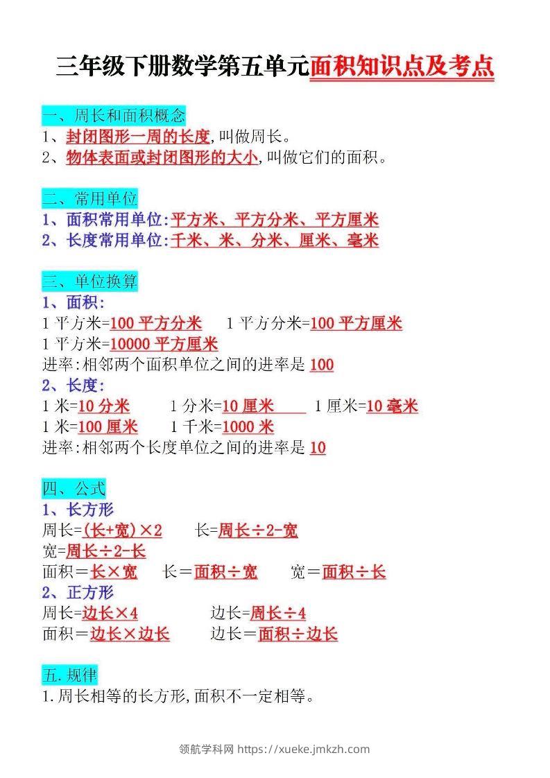 三下数学面积知识点与考点-领航学科网