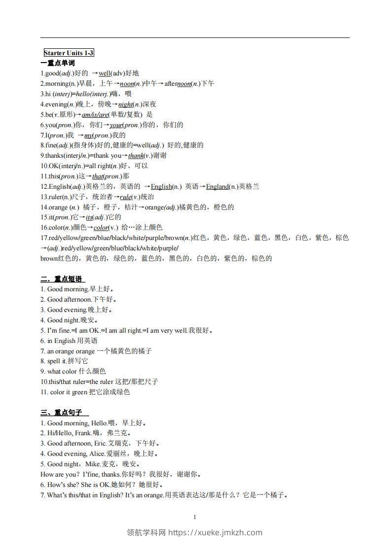 3.人教版七年级上英语StarterUnits1-3复习提纲-领航学科网