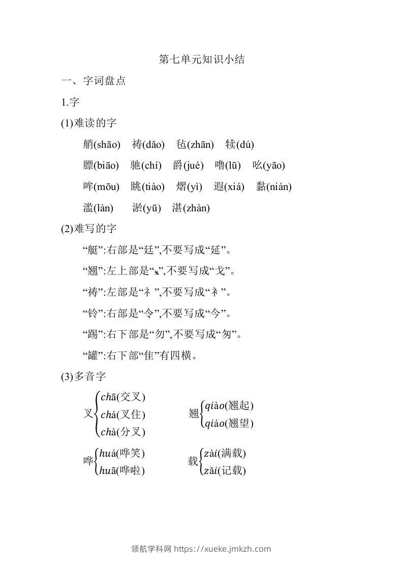 五年级语文下册第七单元知识小结（部编版）-领航学科网