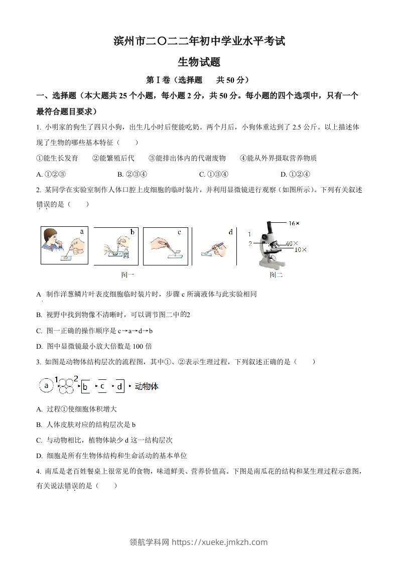 2022年山东省滨州市中考生物真题（空白卷）-领航学科网