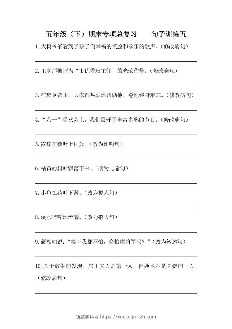 五年级语文下册期末句子训练专项训练（五）（含答案）（部编版）-领航学科网