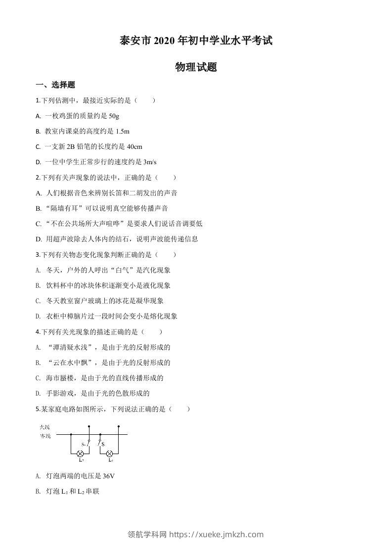 2020年山东省泰安市中考物理试题（空白卷）-领航学科网