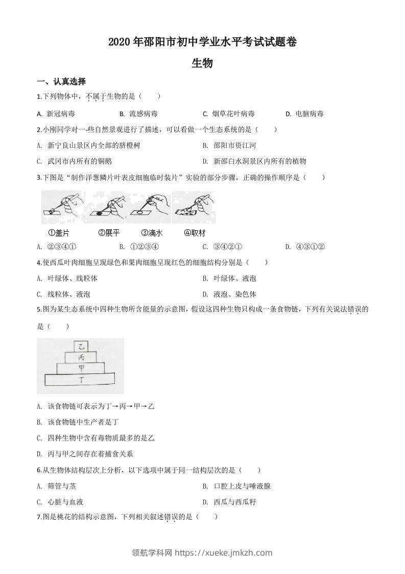湖南省邵阳市2020年中考生物试题（空白卷）-领航学科网