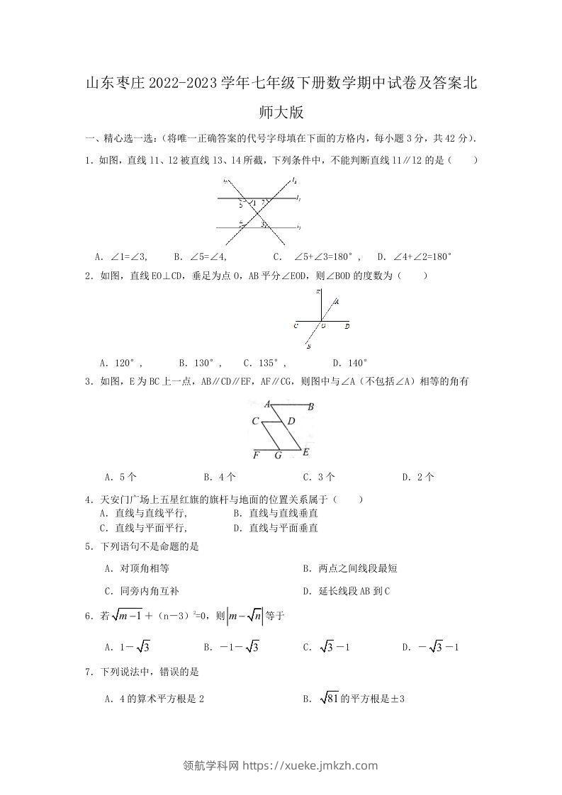 山东枣庄2022-2023学年七年级下册数学期中试卷及答案北师大版(Word版)-领航学科网