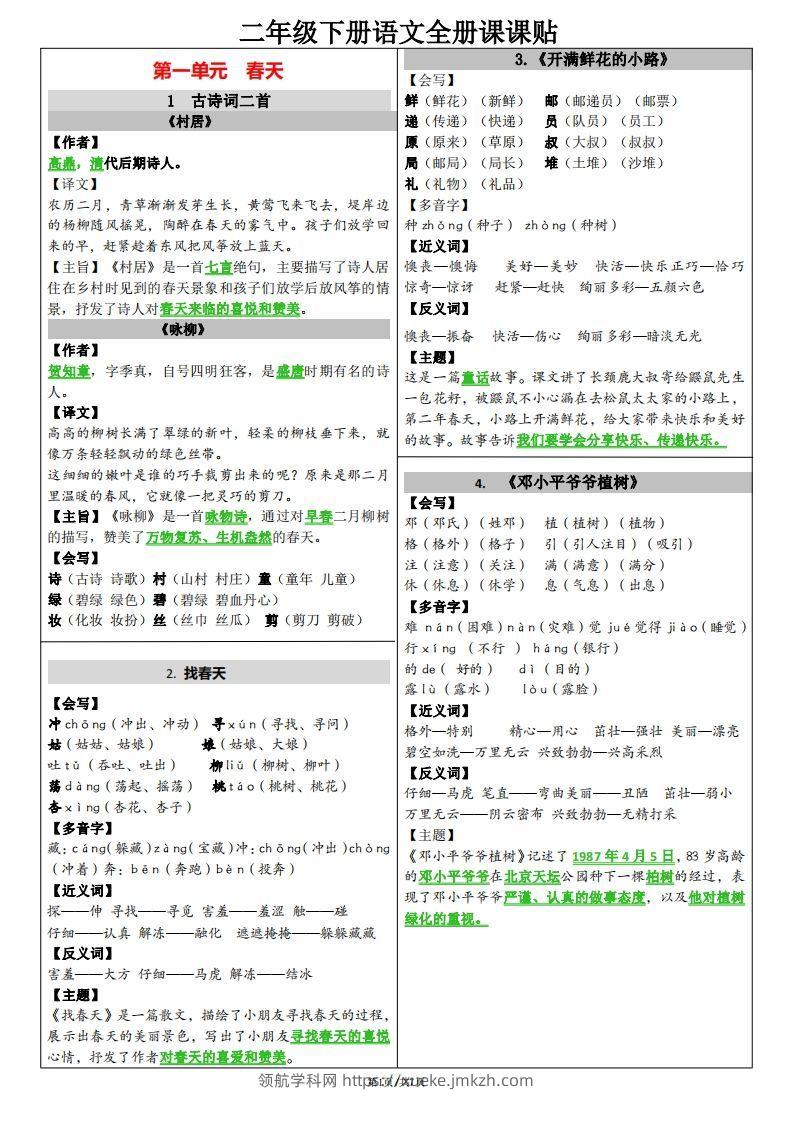 二下语文课课贴（每课重点）7页-领航学科网