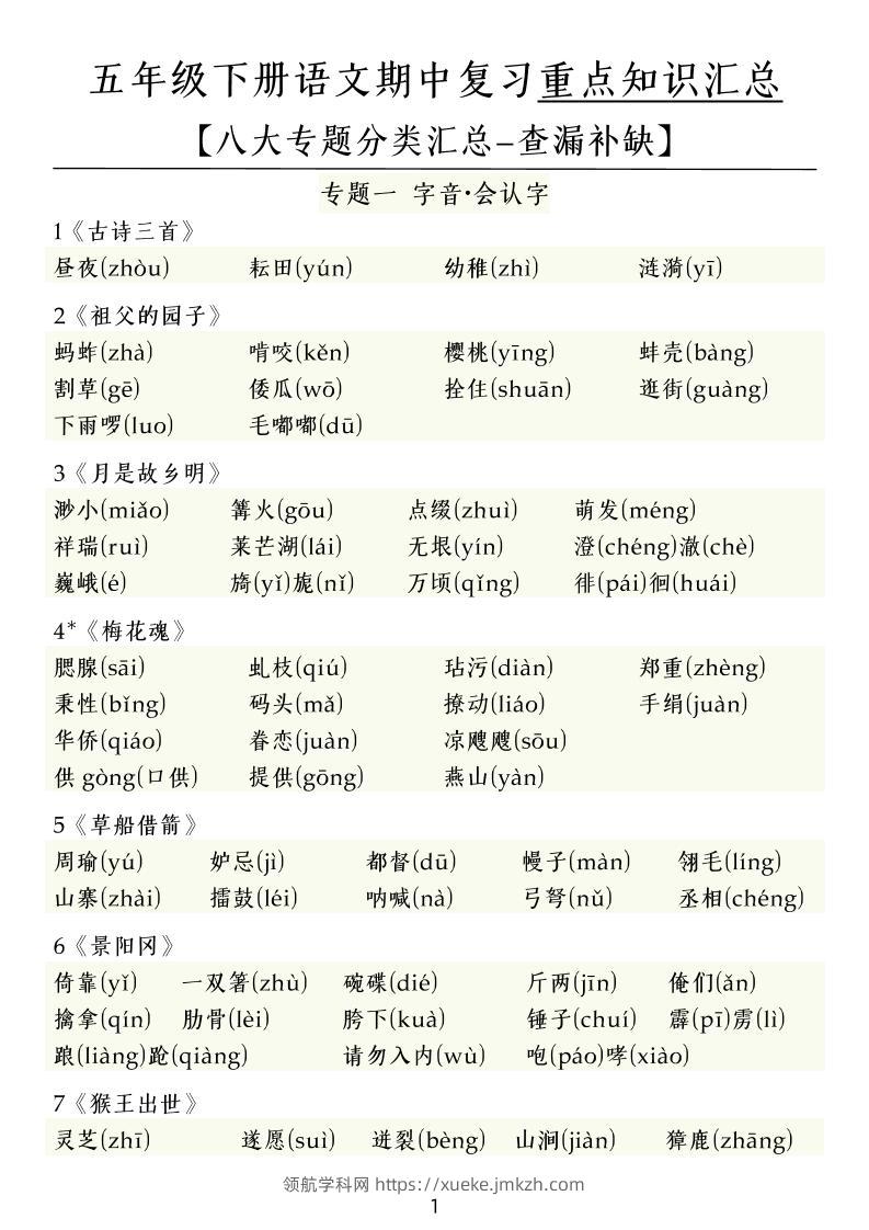 五下语文期中复习八大专题-领航学科网