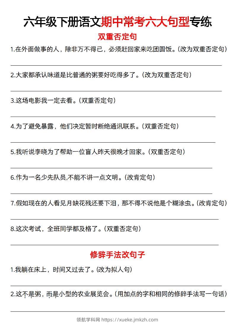六下语文《语文六大句型期中考点专练》-领航学科网