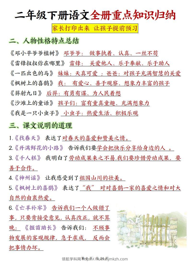图片[2]-二下语文全册预习重点知识归纳（含练习24页）-领航学科网