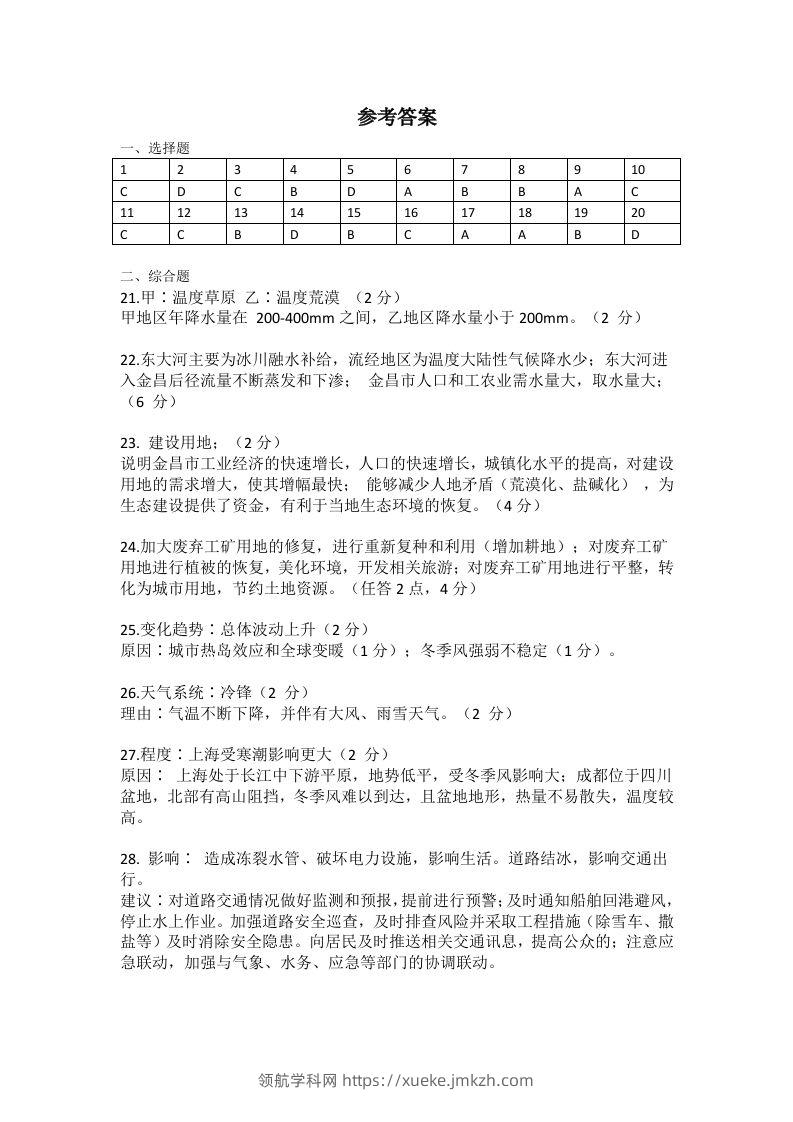 2021年高考地理试题（上海）（答案）-领航学科网