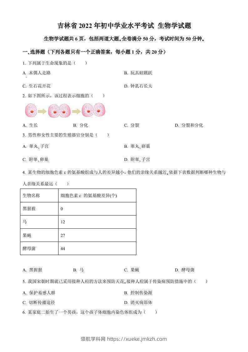 2022年吉林省大安市中考生物真题（空白卷）(1)-领航学科网