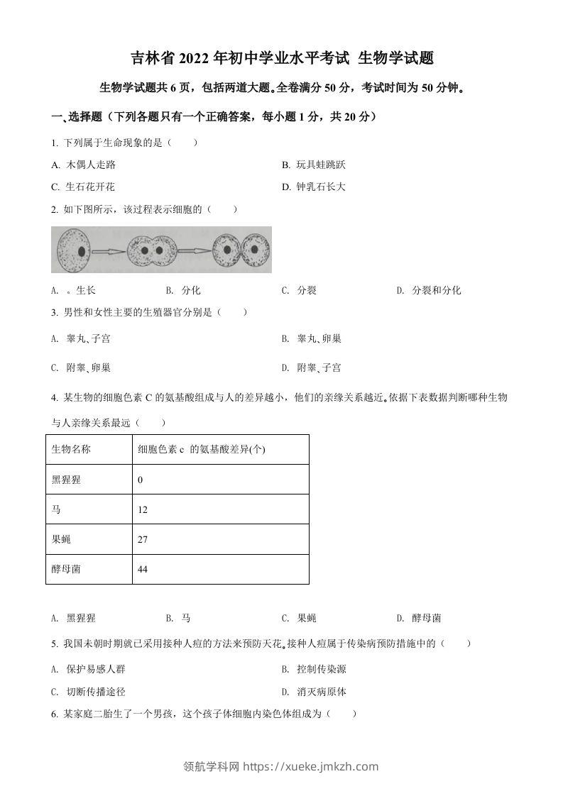 2022年吉林省大安市中考生物真题（空白卷）-领航学科网