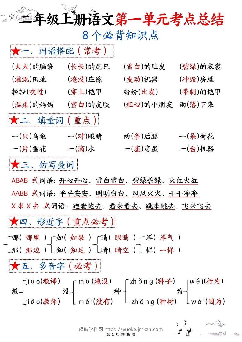 二年级上册语文1-8单元考点总结-领航学科网
