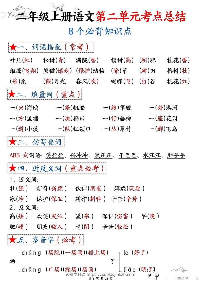 图片[3]-二年级上册语文1-8单元考点总结-领航学科网