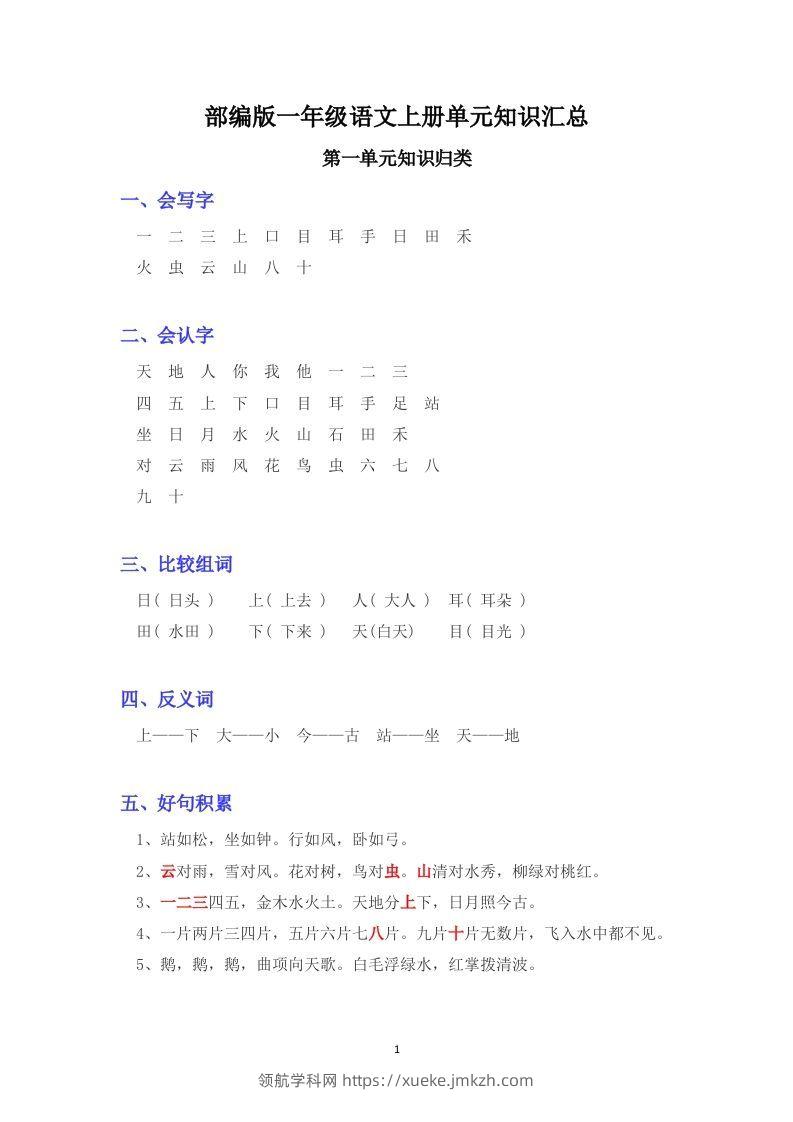 部编版版一年级上册语文日积月累-领航学科网