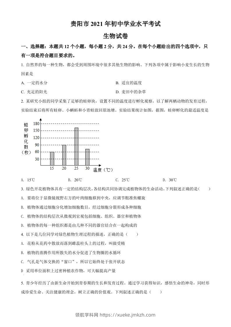 贵州省贵阳市2021年中考生物试题（空白卷）-领航学科网
