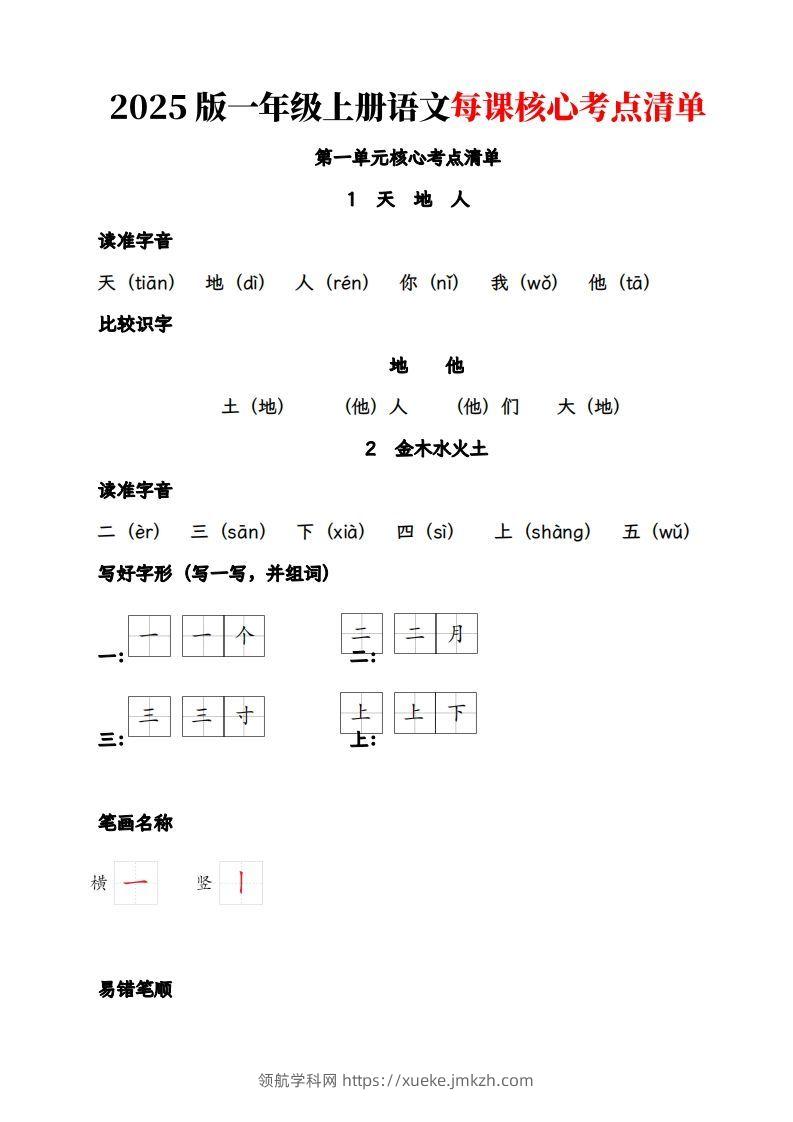 【2025版-每课核心考点清单】一上语文-领航学科网