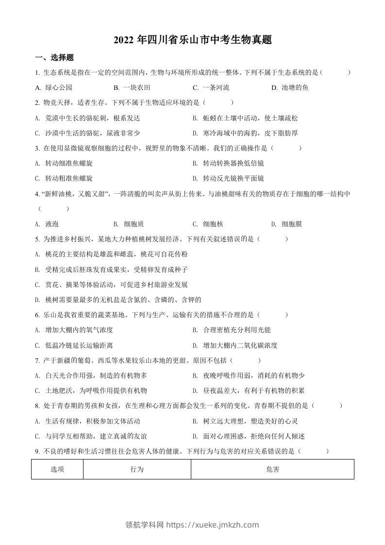 2022年四川省乐山市中考生物真题（空白卷）-领航学科网