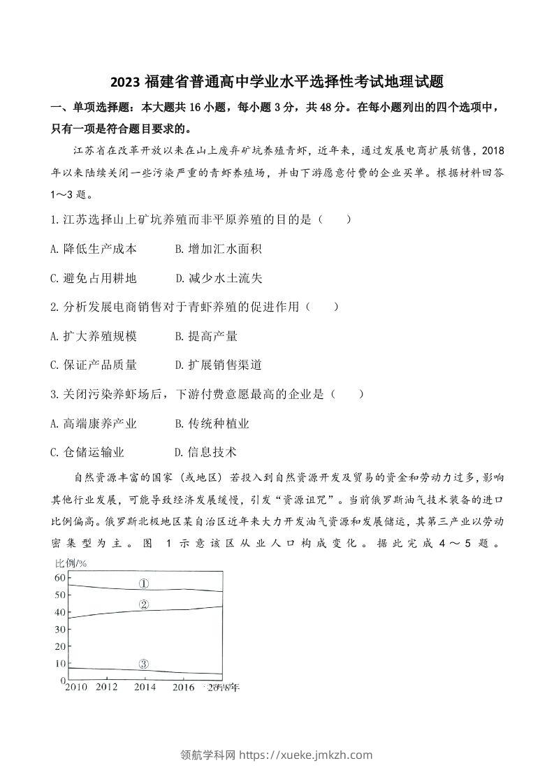2023年高考地理试卷（福建）（含答案）-领航学科网