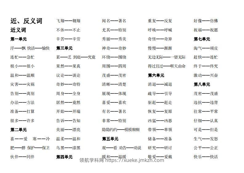 二（上）语文期末：近反义词汇总-领航学科网