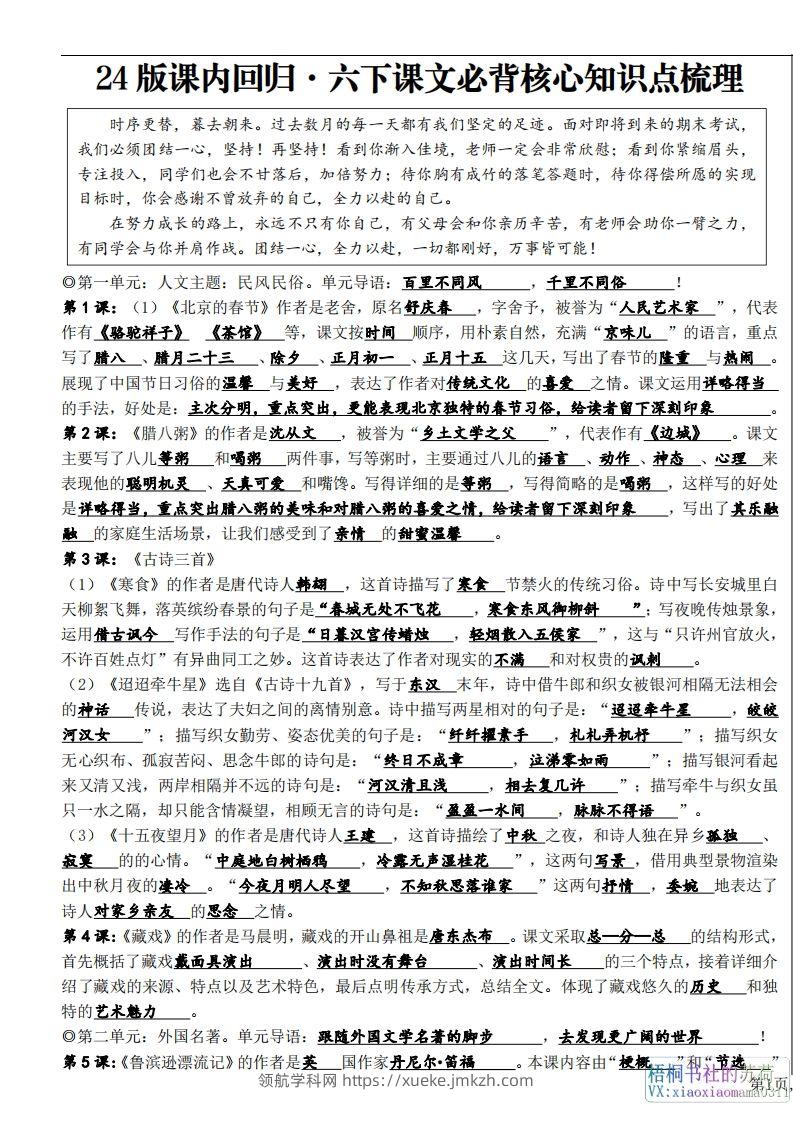 六年级下册课文必背核心知识点梳理-领航学科网