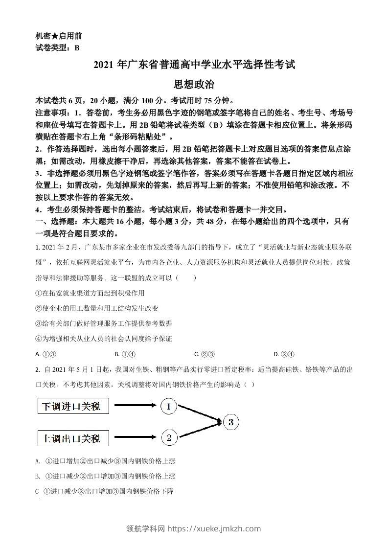2021年高考政治试卷（广东）（空白卷）-领航学科网