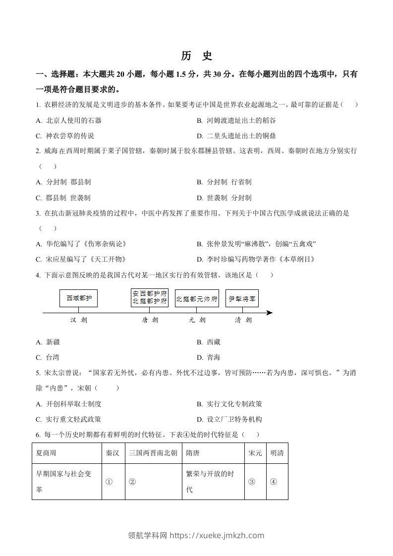 2022年山东省威海市中考历史真题（空白卷）-领航学科网