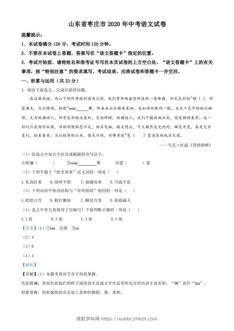 山东省枣庄市2020年中考语文试题（含答案）-领航学科网