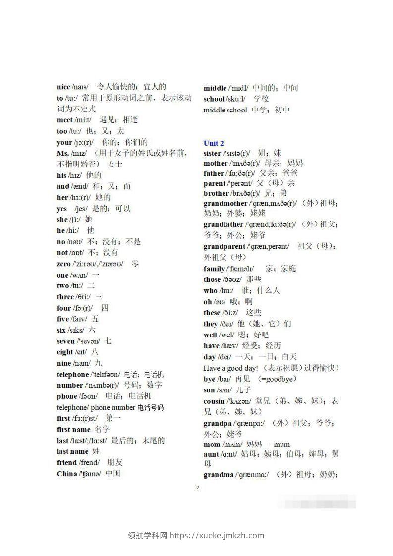 图片[2]-初一英语上册：全册《单词表》（分单元、带音标、词意）-领航学科网